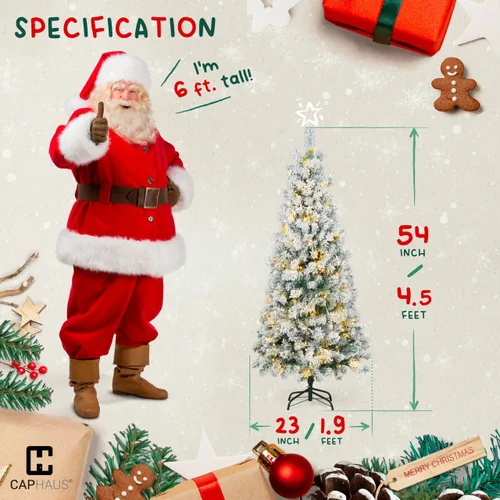 Vista 2 de Fencer Wire 4.5 pies Árbol de Navidad artificial preiluminado con nieve en copos, tipo lápiz, con 398 puntas de ramas con bisagras preestablecidas