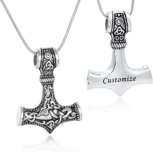 Vista 17 de Collar de urna de talismán de martillo de Thor vikingo nórdico para cenizas, acero inoxidable para hombre, joyería de cremación vintage, amuleto