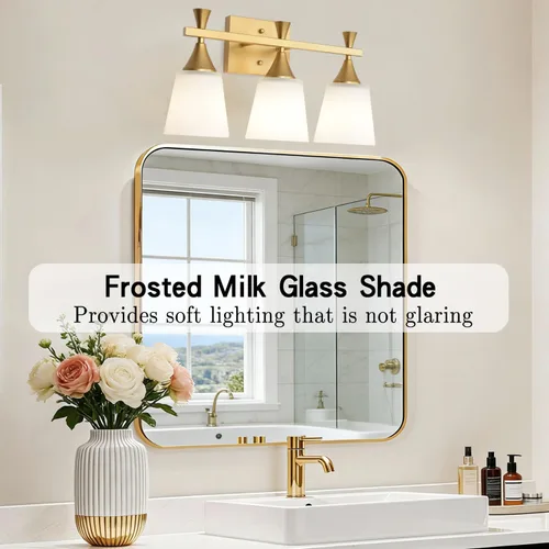 Vista 2 de Lámpara moderna de tocador de baño de 3 luces, lámparas de pared de vidrio de leche sobre el espejo, iluminación de tocador de oro cepillado