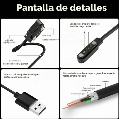Vista 4 de Paquete de 2 cables de carga magnéticos de 4 pines para Sedzofan Y16B Kids Smart Watch Charger Cable de carga USB