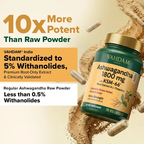 Vista 7 de VAHDAM Suplemento de Ashwagandha 1800 mg con extracto de raíz de Ashwagandha y L-Teanina Apoyo para el alivio del estrés, el estado de ánimo