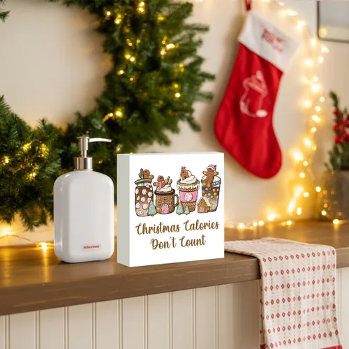 Vista 4 de Decoración navideña de cafetería, decoraciones navideñas divertidas retro, lazo rosa, letrero de calorías de pan de jengibre, regalo para mujeres