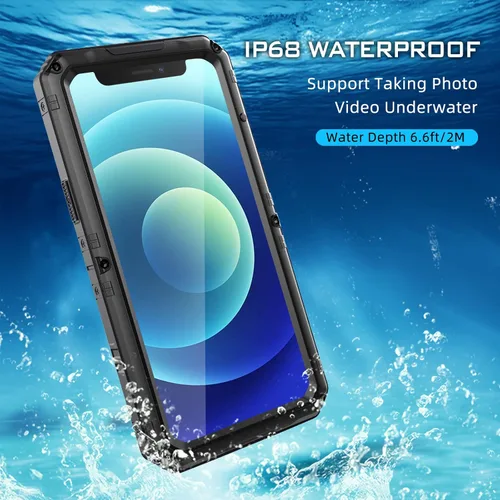 Vista 4 de Mitywah Funda impermeable para iPhone 12, resistente a prueba de golpes, con protector de pantalla integrado, funda de metal de protección submarina