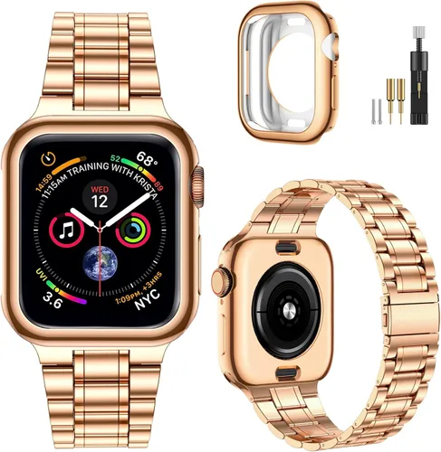 Vista 19 de MioHHR - Correas sólidas de acero inoxidable compatibles con Apple Watch de 38 mm, 40 mm, 41 mm, correa de metal con estuche suave de TPU para Negro