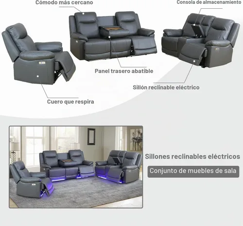 Vista 3 de Air Leather - Juego de sofá reclinable eléctrico con LED, juegos de muebles de sala de estar, juego de sofá reclinable eléctrico con puertos USB