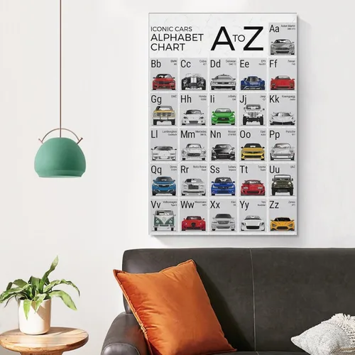 Vista 4 de CYPGTBCK Póster del alfabeto del coche ABC para niños, póster de aula, pintura decorativa, lienzo, arte de pared, póster de sala de estar
