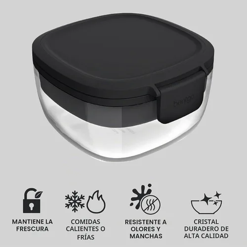 Vista 3 de Bentgo Recipiente de Ensalada de Vidrio Todo en Uno - Ensaladera Grande de 61 oz con Tapa, Bandeja Estilo Bento de 4 Compartimentos, Recipiente