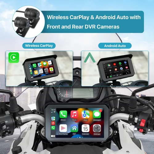 Vista 2 de DVR de motocicleta: Apple Carplay inalámbrico, Android Auto, TPMS, cámaras Dual HD 1080P, GPS, sensor G, Siri y Google Voice, pantalla táctil IPS