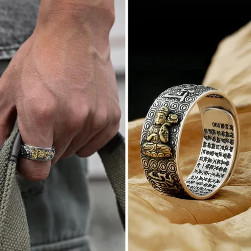 Vista 5 de EIELO Anillos budistas Pixiu de Feng Shui MANI Lucky Wealth Amuleto Mantra Doble Protección Riqueza Anillo para Hombres Mujeres Ajustable Granate