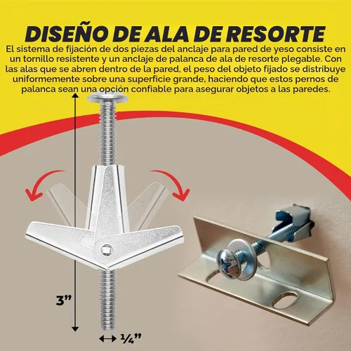 Vista 4 de QUALIHOME Anclajes de perno de resorte – Anclajes de pared resistentes para colgar artículos con paredes huecas y más – Anclaje de pared hueco