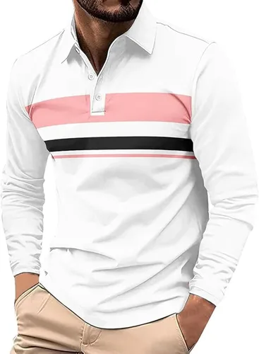 Vista 6 de Polo para hombre, manga larga, ajustado, a rayas, con cuello, talla grande, para golf y otoño