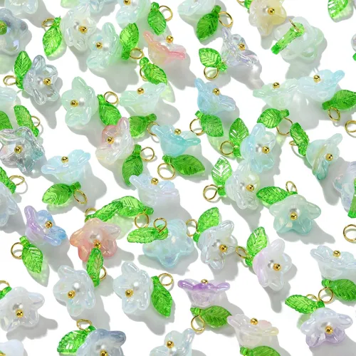 Vista 7 de Ipotkitt 100 dijes acrílicos de flores coloridas en forma de flor de primavera, dijes florales de plantas y hojas con adornos de latón