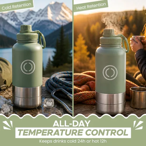Vista 7 de OSC Botella de agua aislada con cuencos de viaje desmontables para mascotas y seres humanos, botella de agua de 32 onzas a prueba de fugas para Musgo