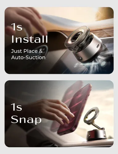 Vista 6 de LISEN Soporte de teléfono con succión para automóvil 【No deja residuos】Soporte magnético de vacío ajustable 360 para salpicadero del automóvil Gris