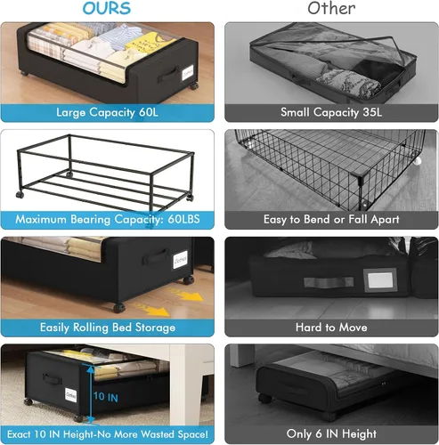 Vista 6 de Organizador de almacenamiento de zapatos debajo de la cama, cajones rodantes de 10 pulgadas para ropa, mantas, ropa de invierno y zapatos