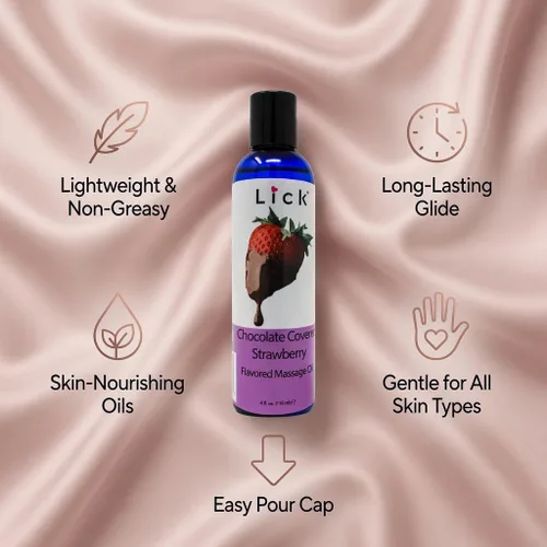 Vista 7 de Lick Aceite de masaje de fresas cubiertas de chocolate – Aceite de masaje comestible de postre gourmet con aceite de almendras y vitamina E