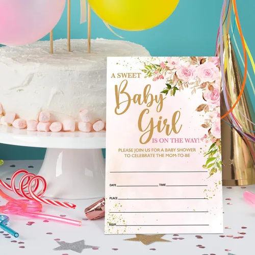 Vista 4 de Invitaciones de baby shower para niña floral con sobres, invitaciones para baby showers, fiesta, flores de acuarela rosa rubor, tarjetas