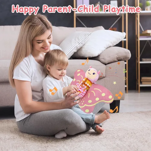 Vista 7 de Juguetes para bebés de 0 a 6 meses, animal de peluche sensorial musical infantil con chirriador, sonajero, alas arrugadas, mordedor y anillo