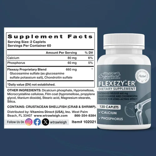 Vista 8 de Rawleigh Flexezy-ER: 120 cápsulas Fórmula de apoyo articular 24/7 Mezcla de glucosamina y sulfato de condroitina Calcio y fósforo Liberación