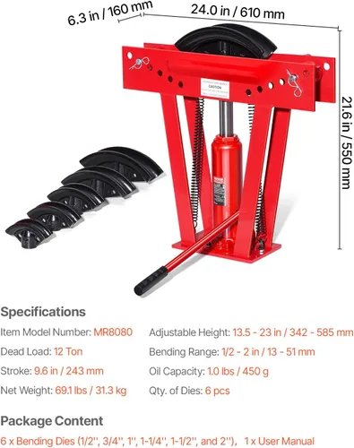 Vista 7 de VEVOR Dobladora de tubos hidráulicos, máquina dobladora manual de tubos de escape de cobre de 12 toneladas con 6 troqueles (1/2" - 2") y rodillos