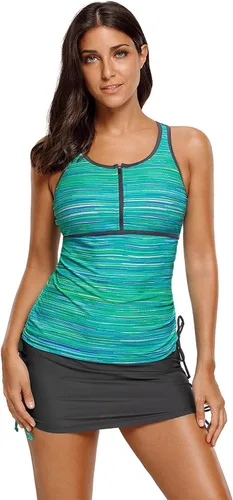 Vista 5 de Traje de baño Luvamia con falda y cierre frontal, 2piezas, tankini con espalda cruzada, para mujer