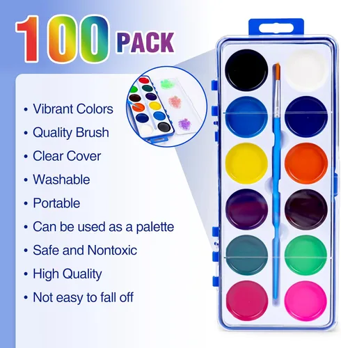 Vista 2 de Juego de 100 pinturas de acuarela para niños, 12 colores de acuarelas con pincel, juego de pintura de acuarela para niños para recuerdos de fiesta