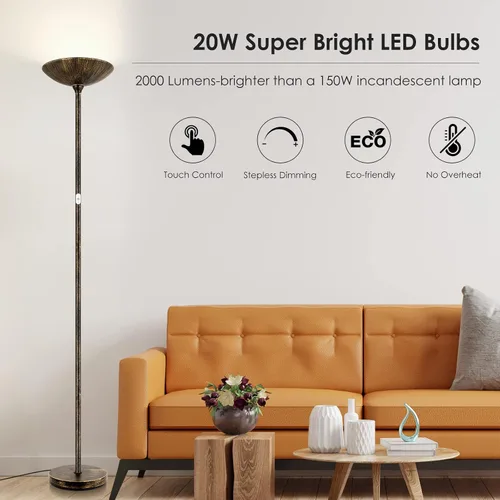 Vista 2 de Lámpara de pie, lámpara de pie, lámpara de pie LED Torchiere de 20 W, 2000 lm, regulable continuo, control táctil, luz diurna de 3000 K, vida útil