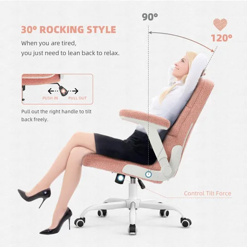 Vista 10 de SEATZONE Silla de oficina rosa ergonómica con ruedas, silla de escritorio para computadora de felpa sintética, silla de oficina cómoda para mujeres