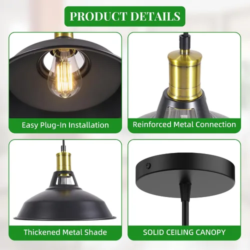Vista 3 de Lámpara colgante, lámpara colgante industrial de granja con pantalla de metal, iluminación colgante de techo negro y dorado para isla de cocina