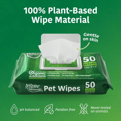 Vista 5 de Inspire Naturals Toallitas para mascotas para perros y gatos 100% naturales a base de plantas con antioxidantes orgánicos, desodorizante de limpieza