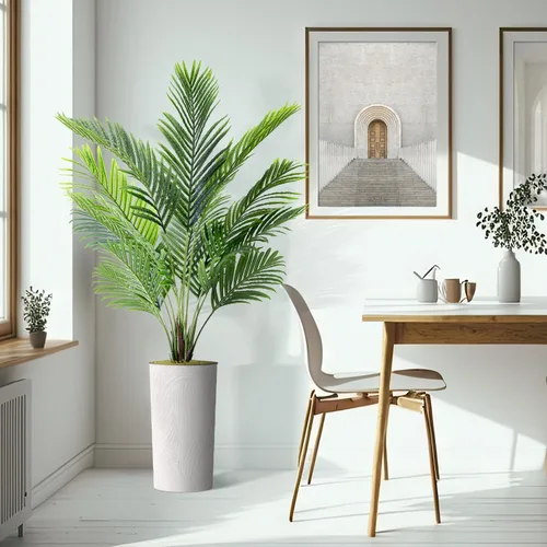 Vista 6 de Árbol artificial en macetero con efecto de mármol blanco, palmera tropical areca artificial de seda para decoración del hogar en interiores