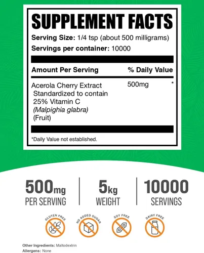 Vista 2 de BulkSupplements. com Acerola Cherry Extract Powder - Suplemento natural de vitamina C, polvo de cereza de acerola, vegano y sin gluten, 500 mg por