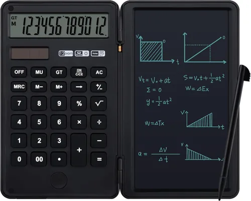 Vista 9 de Calculadora básica portátil de escritorio, mini calculadoras pequeñas con bloc de notas de escritura y lápiz capacitivo, más ligera y portátil, Negro