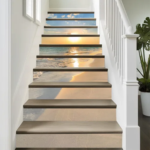 Vista 5 de artfanke 13 piezas de adhesivos 3D de amanecer en la playa - Adhesivos para escalones de pelar y pegar para decoración de hogar y oficina - 39,37" x
