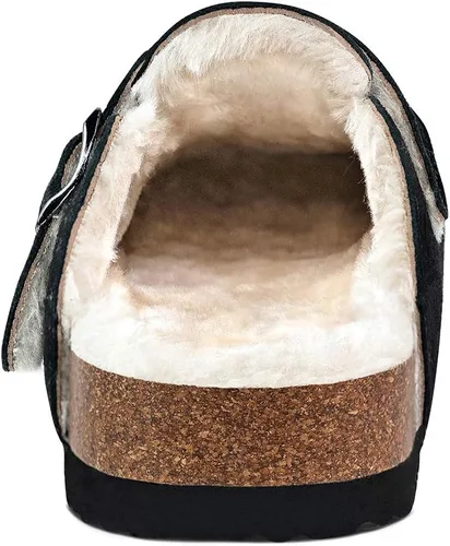 Vista 3 de Zuecos de corcho para mujer, zuecos de cuero de gamuza de vaca, plantilla suave, zuecos de corcho forrados de felpa, zuecos antideslizantes forrados