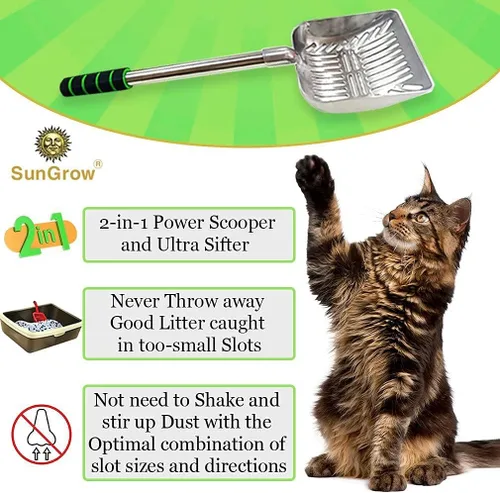 Vista 5 de SunGrow Cuchara de arena para gatos, mango largo de acero inoxidable, mango cómodo de 9 pulgadas, boca ancha de 5 pulgadas, ranuras estrechas