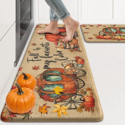 Vista 12 de KIMODE Tapetes Antifatiga para Piso de Cocina 17"x47"+17"x29", Juego de 2 Alfombras de Cocina a Cuadros Marrón y Blanco, Tapete de Cocina