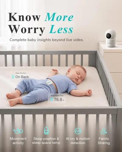 Vista 2 de Sense-U Smart Baby Monitor Pro de largo alcance + cámara PTZ de 2.5K, sin