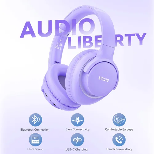 Vista 5 de KVIDIO Auriculares Bluetooth, auriculares inalámbricos con micrófono, tiempo de funcionamiento de 65 horas, auriculares sobre la oreja