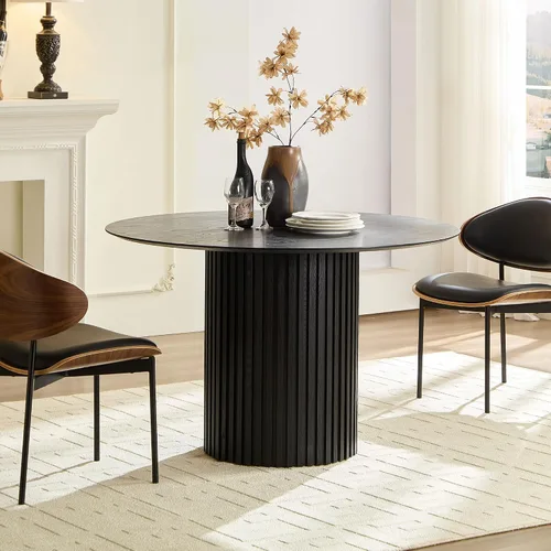 Vista 17 de JUSTONE Mesa de comedor redonda de 47.2'' para 4 personas, mesa de cocina moderna de madera con diseño de rejilla circular base de pedestal, mesa