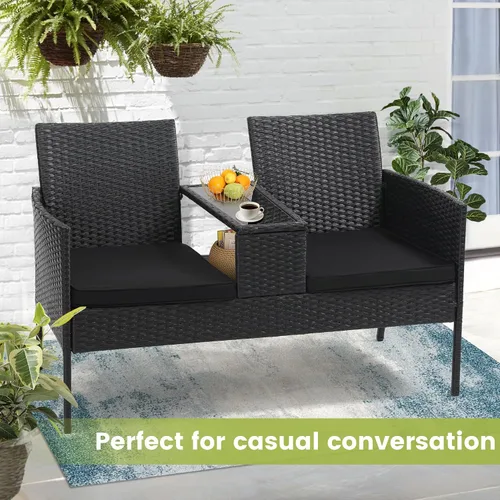 Vista 6 de Kromax Sofá biplaza de mimbre para patio de 2 asientos, sofá biplaza de Ratán negro con cojín negro
