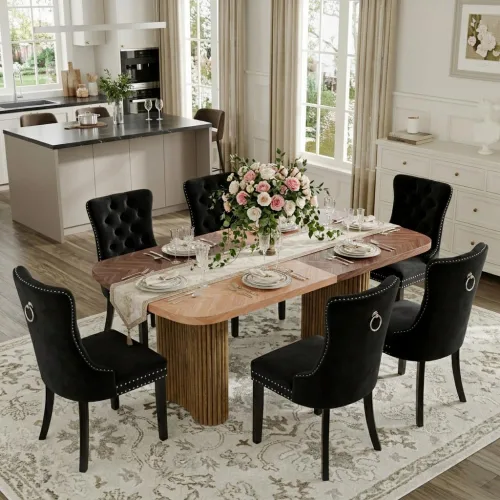 Vista 19 de Mesa de comedor extra larga de 78.7 pulgadas para 6-10 personas, mesa de cocina moderna con bases estriadas, mesa de comedor rectangular de granja