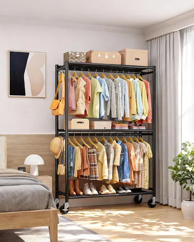 Vista 6 de Sakugi Perchero para ropa – Perchero doble para colgar ropa con ruedas y pies niveladores, armario de gran capacidad con estantes para dormitorio