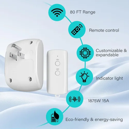 Vista 2 de Kit de interruptor de encendido/apagado de enchufe de control remoto de 80 pies, no necesita WiFi, interruptor de luz de alimentación inalámbrico