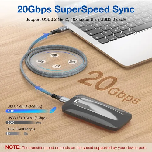 Vista 3 de Cable de datos USB C 3.2 Gen2X2 de 20 Gbps de 3.3 pies, USB C a USB C, cable de video 4K, cable de carga rápida PD de 240 W tipo C a C para iPhone