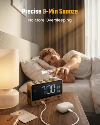 Vista 13 de SUPERDANNY Reloj despertador con PD de 20 W, 4 puertos USB, tira de alimentación de 2 tomas de CA, relojes despertadores digitales para dormitorios