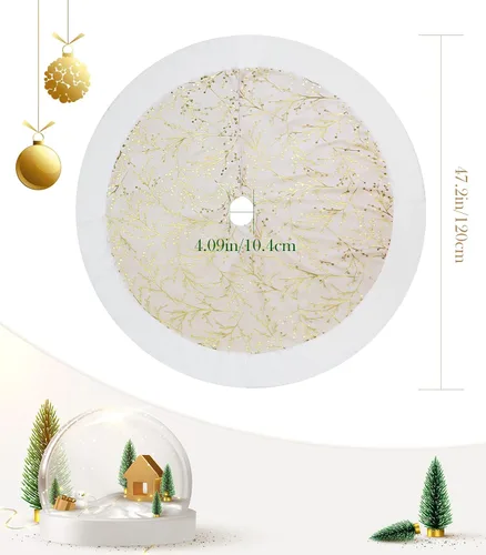Vista 5 de Lewondr Falda de árbol de Navidad de 48 pulgadas, copos de nieve de lentejuelas doradas de felpa blanca para decoración de árbol de Navidad, beige