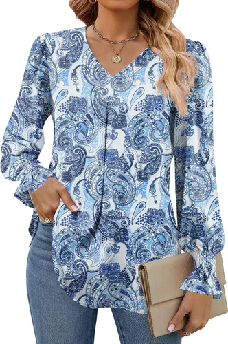 Vista 8 de Funlingo Blusas de mujer con mangas largas 2025, elegantes y casuales, con cuello en V, túnica suelta de gasa para el trabajo