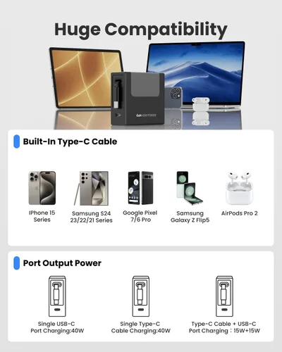 Vista 8 de Cargador de pared USB C de 40 W con cable retráctil integrado, bloque de carga rápida plegable 2 en 1, artículos esenciales de viaje compatible