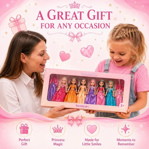 Vista 2 de TOMLEON Juego de muñecas de princesa, 6 muñecas de princesa con vestidos coloridos, coronas y joyas, juego de rol de fantasía para niños